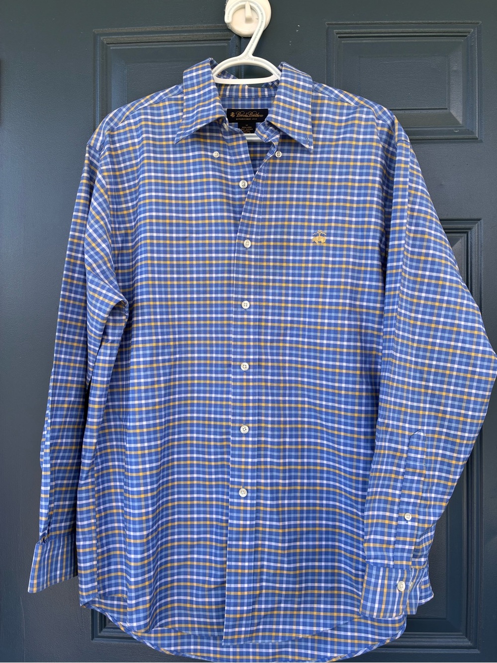 Brooks Brothers Blue and Yellow Plaid Button-Down Dress Shirt